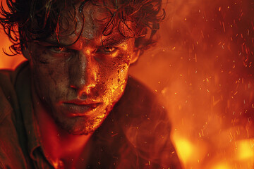 Against a fiery red backdrop, a man's expression reveals a sense of defiance, his jaw set and eyes fiery as he stands firm in his convictions and beliefs.