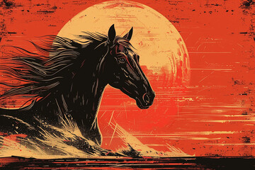 A minimalist illustration of a majestic horse, with mane flowing in the wind, rendered in bold lines against a vibrant sunset orange background.