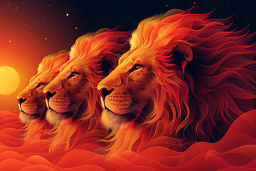 A minimalist illustration of a regal lion, with mane flowing in the wind, rendered in bold lines against a golden sunset backdrop, symbolizing strength and leadership.