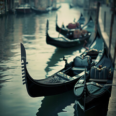 Serene Venetian Canal with Gondolas at Dusk - obrazy, fototapety, plakaty