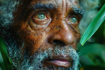 On a backdrop of lush green, a man's face softens with compassion, his eyes reflecting empathy and understanding as he reaches out to comfort someone in need.