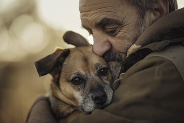 A man holding a dog in his arms - animal photography