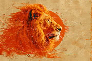A minimalist illustration of a regal lion, with mane flowing in the wind, rendered in bold lines against a golden sunset backdrop, symbolizing strength and leadership.