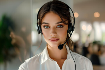 Focused call center representative with headset in office setting
