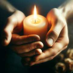 To honor memory of victims. Human hands holding a memory candle in hands. Compassion for people in times of sadness - 765968094