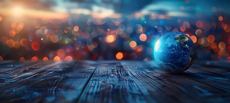 A blue earth with blurred city lights on wooden tabletops