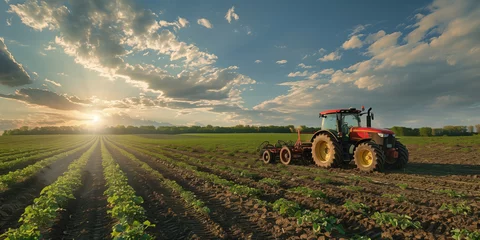 Fotobehang A tractor tills the soil in a verdant field under a spacious sky © Александр Марченко