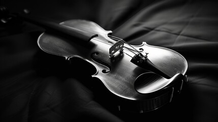 A violin instrument illuminated in the darkness, rendered in black and white, with light emanating...