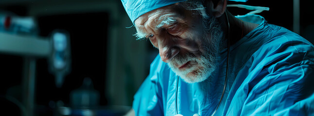 old male surgeon in blue scrubs operating on patient - obrazy, fototapety, plakaty
