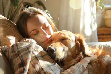 Girl lying with a dog on the sofa - Girl sleeping with a dog - animal photography