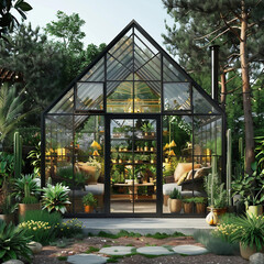 Greenhouse with plants and flowers in the garden on a sunny day