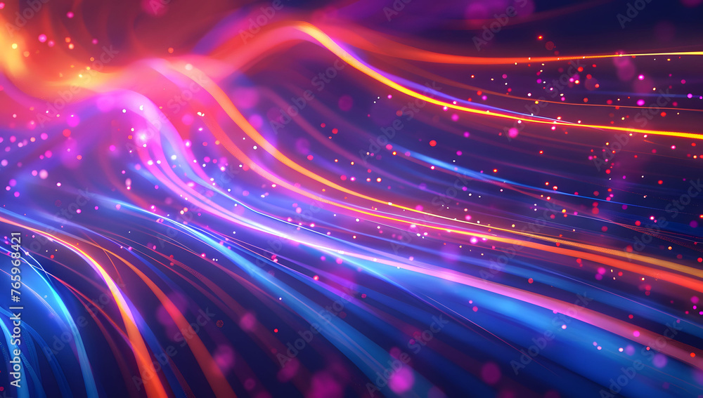 Poster abstract neon light background with vibrant pink, yellow, and blue neon lines, creating an intense a