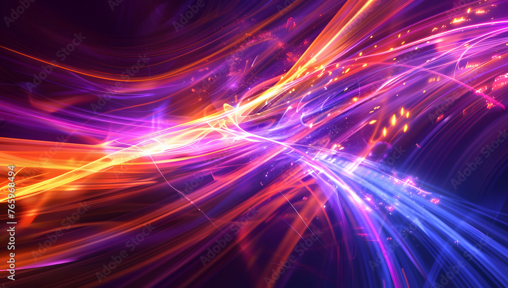 Poster abstract neon light background with vibrant pink, yellow, and blue neon lines, creating an intense a