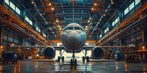 A commercial airliner stands in the center of an airplane hangar