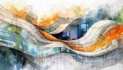 Abstract Waves Dreamscape Metropolis: Watercolor Architectural Forms Dance on a Cloud-Like White...