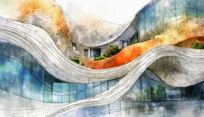 Abstract Waves Dreamscape Metropolis: Watercolor Architectural Forms Dance on a Cloud-Like White...