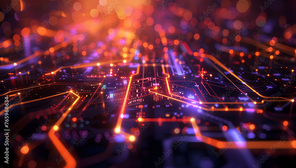 Poster abstract neon light background with vibrant pink, yellow, and blue neon lines, creating an intense a
