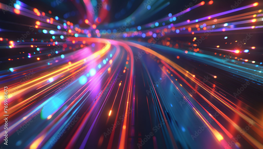 Poster abstract neon light background with vibrant pink, yellow, and blue neon lines, creating an intense a