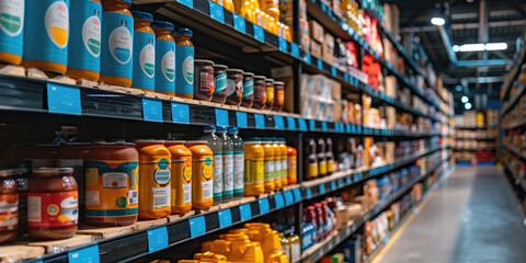 View of a supermarket with shelves neatly stocked with an assortment of goods - obrazy, fototapety, plakaty