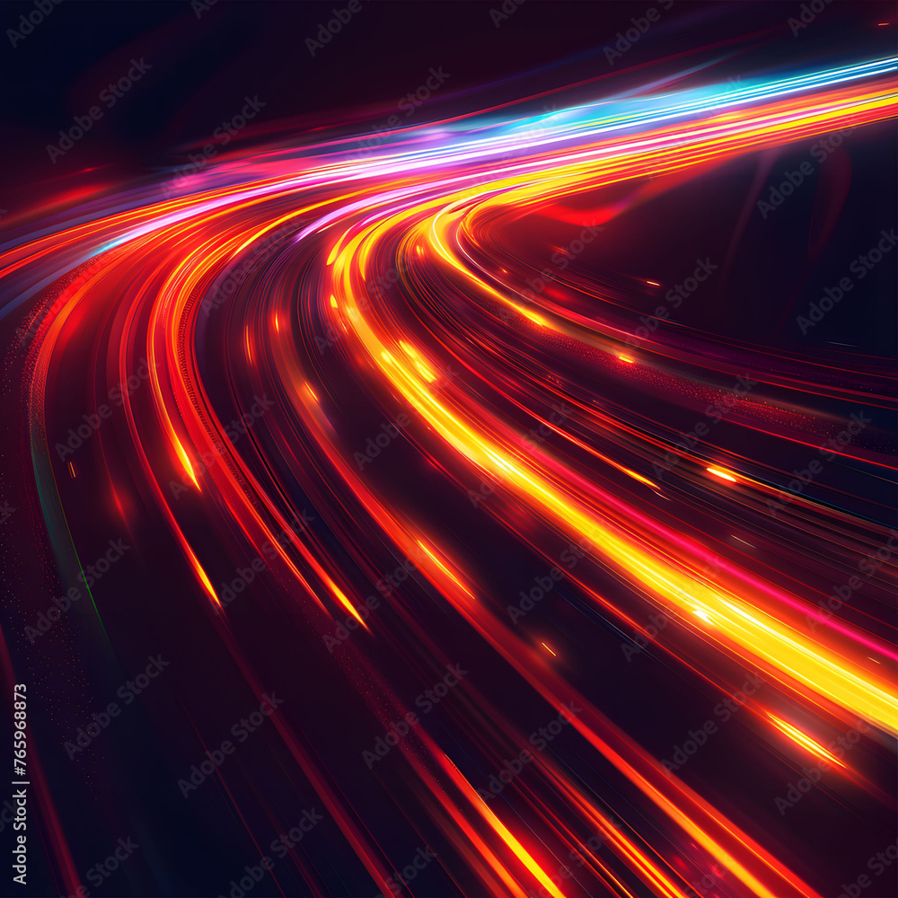 Poster abstract neon light background with vibrant pink, yellow, and blue neon lines, creating an intense a