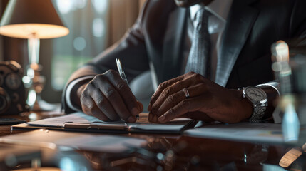 Hands of a businessman in detail signing a document - obrazy, fototapety, plakaty