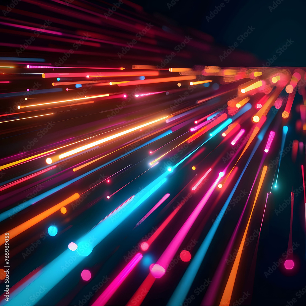 Poster abstract neon light background with vibrant pink, yellow, and blue neon lines, creating an intense a