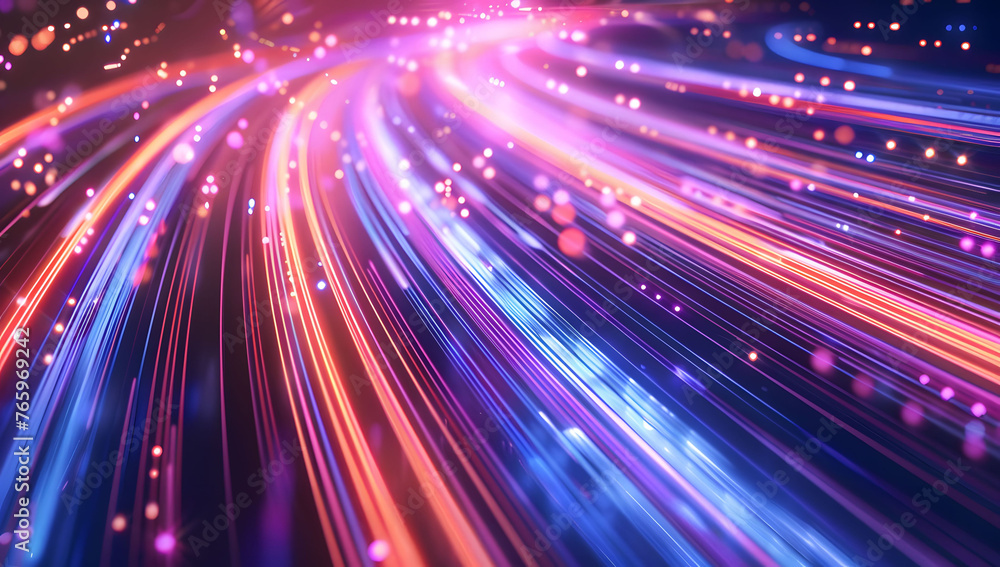 Poster abstract neon light background with vibrant pink, yellow, and blue neon lines, creating an intense a