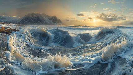 Waves of water of the river and the sea meet each other during high tide and low tide.  - obrazy, fototapety, plakaty