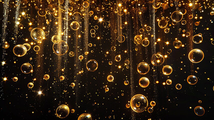 waterfalls of golden glitter sparkle bubbles champagne particles stars on black background