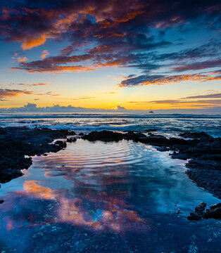 Sunset Reflections on Tide Pools on Giada's Beach, Hawaii Island, Hawaii, USA