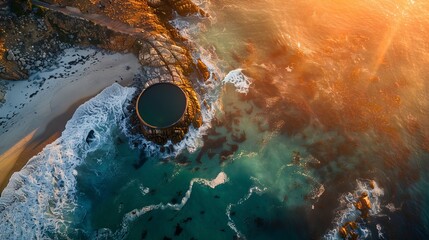 A stunning aerial photo of Maiden's Cove Tidal Pool at sunset, with Camps Bay in the background, Cape Town, South Africa.