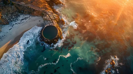 Papier Peint photo autocollant Montagne de la Table A stunning aerial photo of Maiden's Cove Tidal Pool at sunset, with Camps Bay in the background, Cape Town, South Africa.