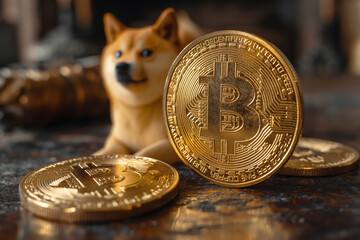 Dogecoin Meme Dog Looking at Big Bitcoin Golden Coin. DOGE vs BTC Cryptocurrency