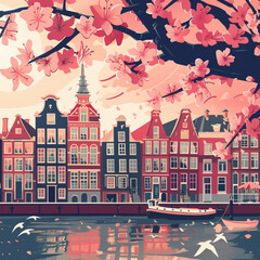 Amsterdam poster, travel print with building facades looking at the canal and blooming trees. Ai generated image