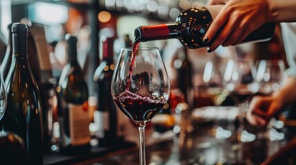 A woman's hand pours red wine into a glass at a wine bar or restaurant. A sommelier rates and tastes the wine while bottles are visible in the background. - obrazy, fototapety, plakaty