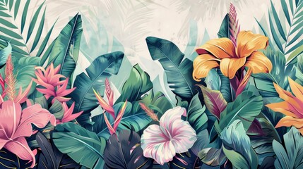 Tropical background. Exotic Landscape, Hand Drawn Design. Luxury Wall Mural. Leaf and Flowers Wallpaper.