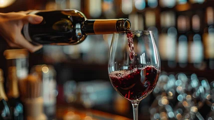 Fotobehang A woman's hand pours red wine into a glass at a wine bar or restaurant. A sommelier rates and tastes the wine while bottles are visible in the background. © Suleyman