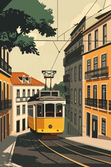 Travel vertical poster with tram riding along the street. Ai generated image. Ai generated image
