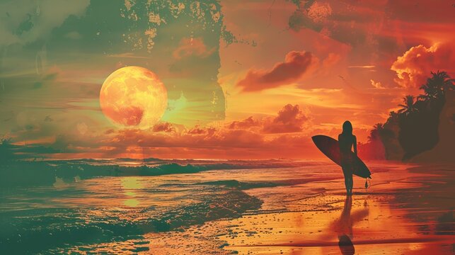 A surfer girl stands on the beach, preparing to enter the water as the sun sets. The postcard-style image features warm tones and vibrant colors.