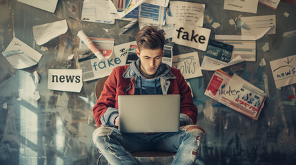 young man with laptop in a world of fake news, propaganda, disinformation, misinformation - fake news concept.
