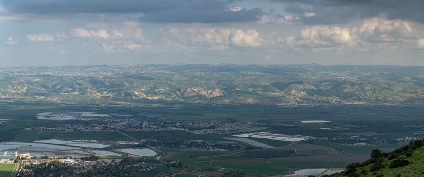 View of the Harod Valley and Jezreel Valley from the Gilboa Mountain range in Israel.