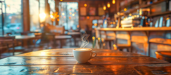 A steaming cup of coffee sits on a rustic wooden table in a city cafe, with a warm, inviting atmosphere created by the morning sun - obrazy, fototapety, plakaty