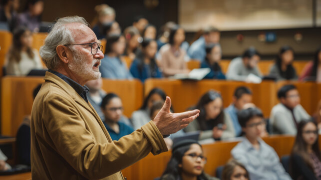 Experienced elegant college professor explaining something to his college class in class