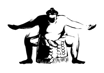相撲の墨絵