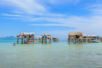 Beautiful landscapes view borneo sea gypsy water village in Bodgaya Mabul Island, Semporna Sabah,...