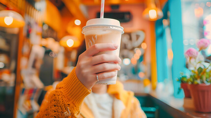 Girl Holding Up a Cafe Drink in a Light Yellow and Gold Style - obrazy, fototapety, plakaty