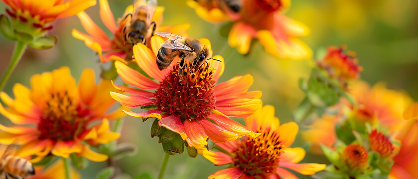 The image depicts a vibrant scene where bees are actively pollinating bright orange and yellow flowers.