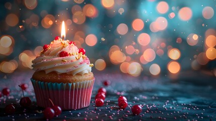 Close-up of a cupcake with a birthday candle with a background of bokeh lights - obrazy, fototapety, plakaty