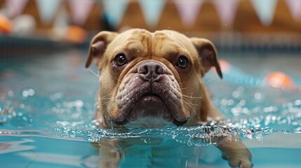 A plump dog joyfully participating in a swimming session in a dog-friendly pool, adorned with Canine Fitness Month banners, showcasing the fun of aquatic exercises for canine weight loss