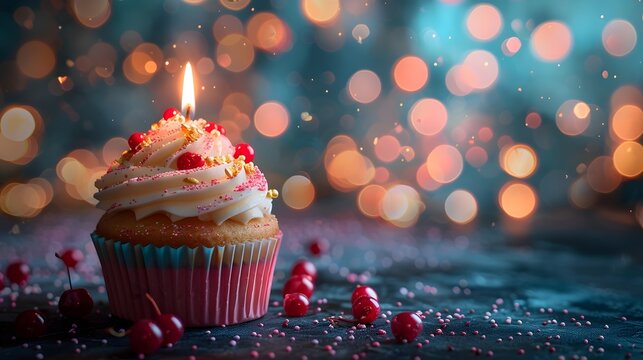 Close-up of a cupcake with a birthday candle with a background of bokeh lights